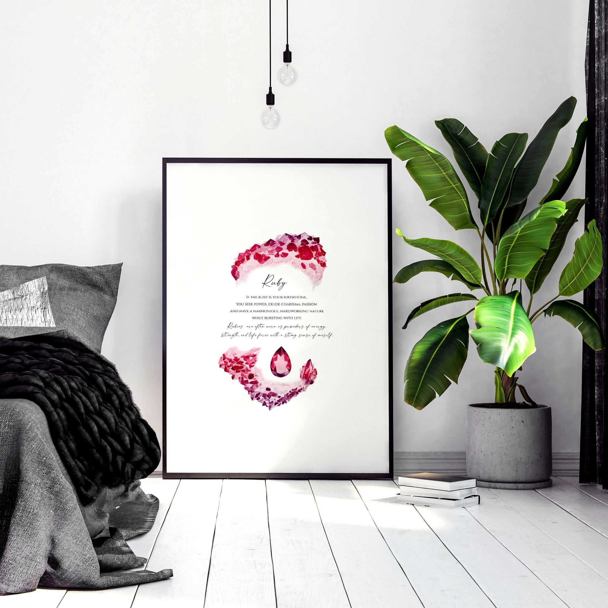 Framed wall art print featuring a vibrant ruby birthstone design, showcasing deep red hues and sparkling facets.