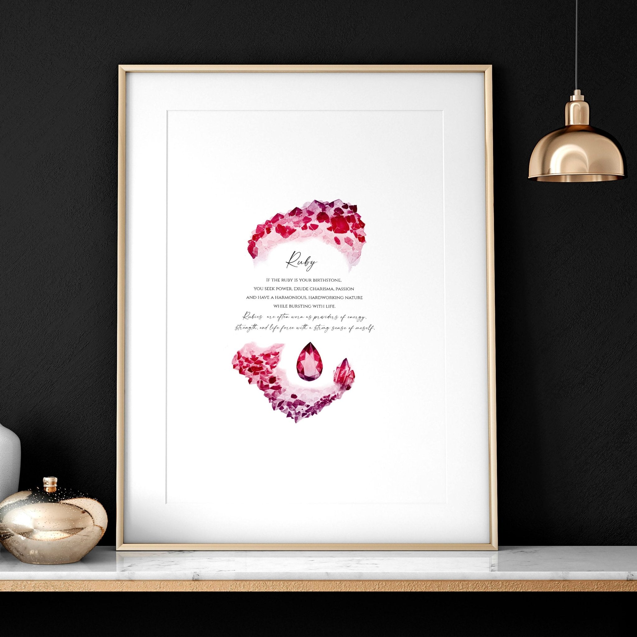 Framed wall art print featuring a vibrant ruby birthstone design, showcasing deep red hues and sparkling facets.