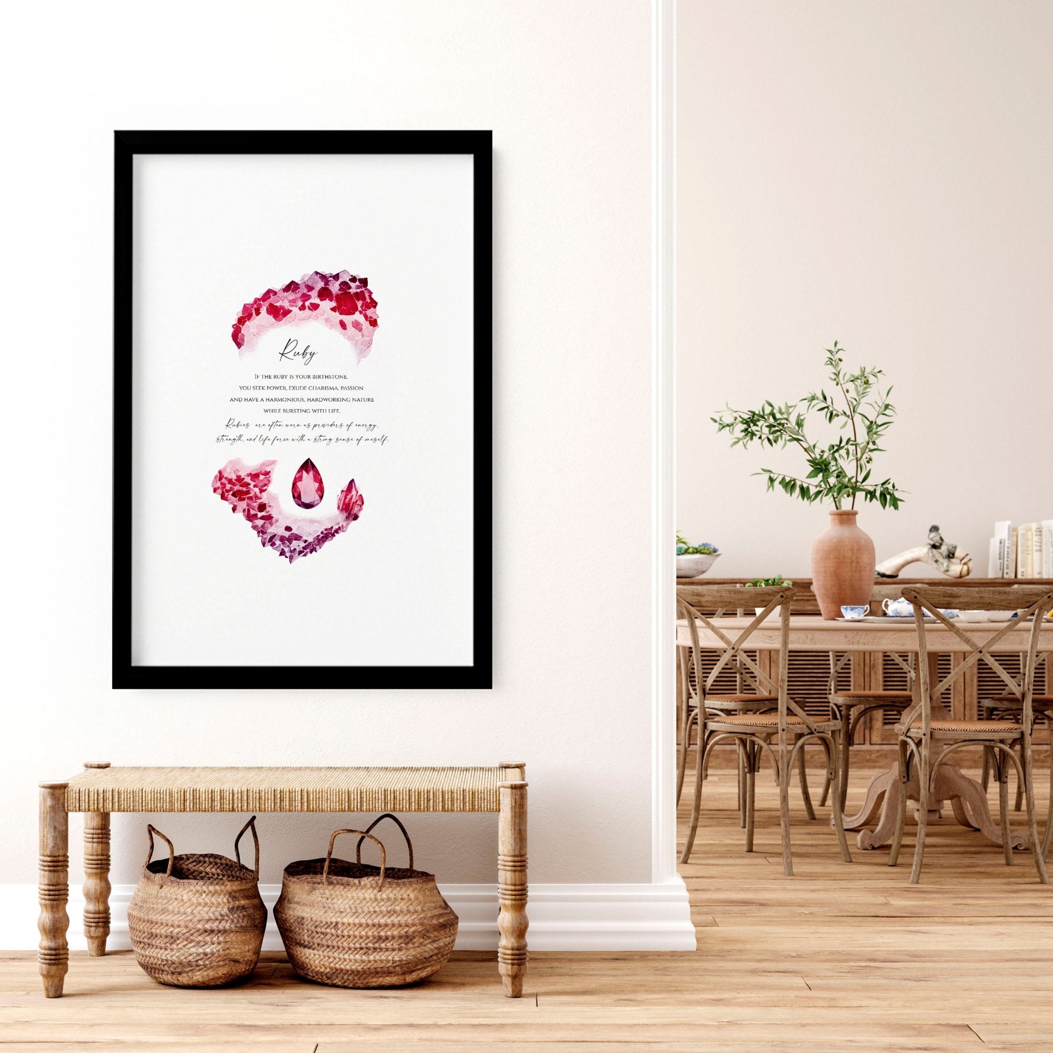 Framed wall art print featuring a vibrant ruby birthstone design, showcasing deep red hues and sparkling facets.