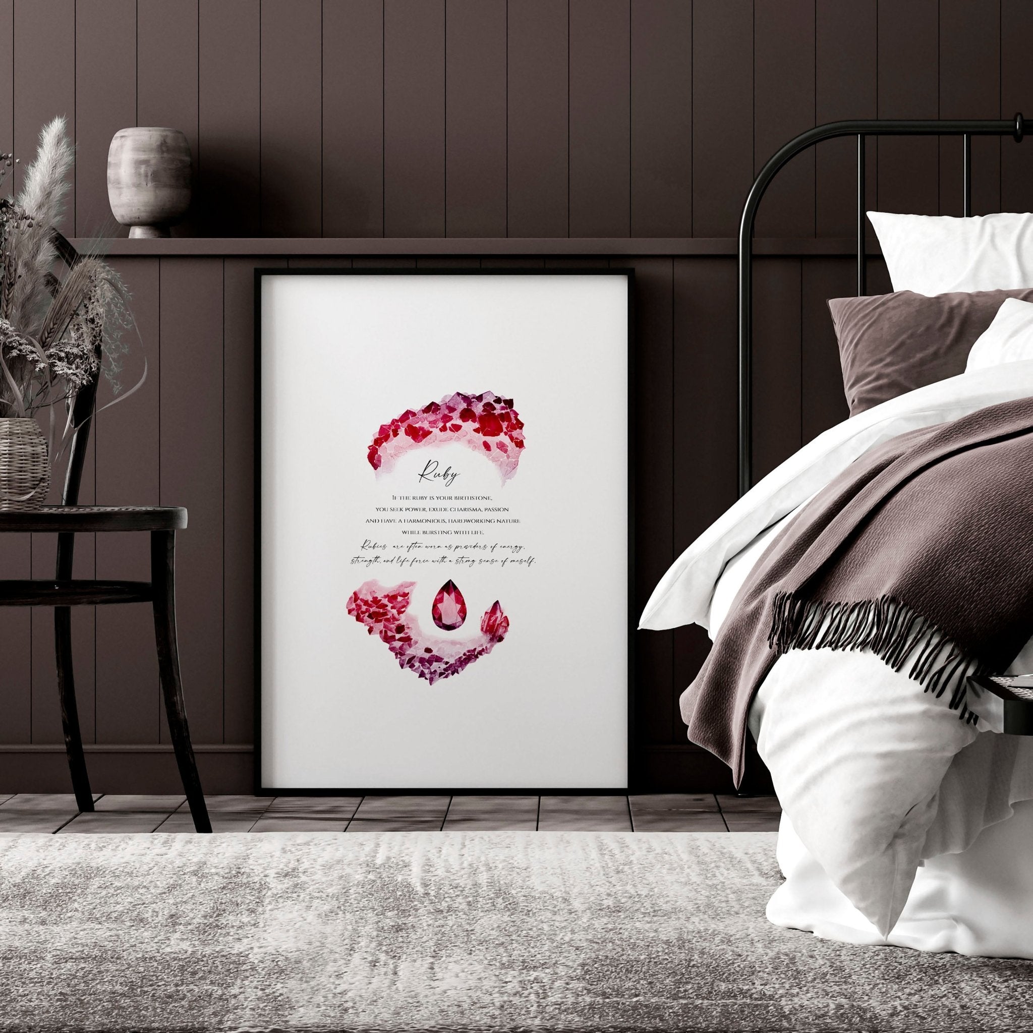 Framed wall art print featuring a vibrant ruby birthstone design, showcasing deep red hues and sparkling facets.