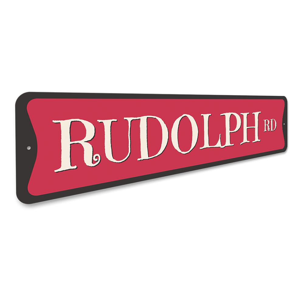 Rudolph Road Holiday Sign featuring festive Christmas design, made from high-quality aluminum, perfect for holiday decorations.