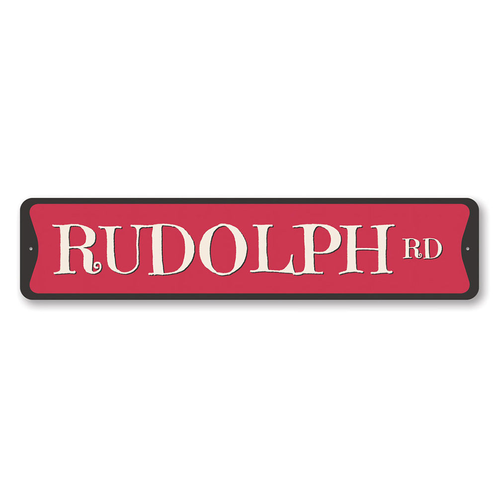 Rudolph Road Holiday Sign featuring festive Christmas design, made from high-quality aluminum, perfect for holiday decorations.