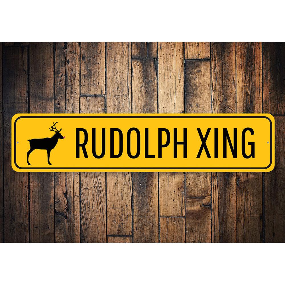 Rudolph Xing Yuletide Sign featuring festive design, made of high-quality aluminum, perfect for holiday decorations.