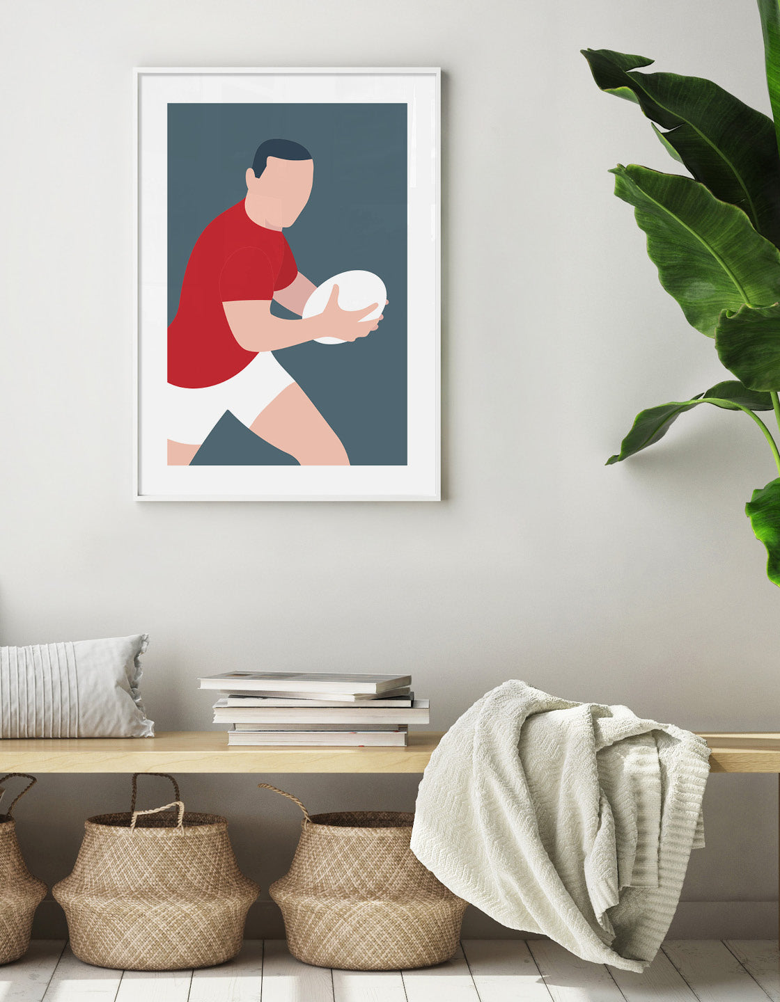 Modern minimal art print featuring a Rugby theme, perfect for games room or man cave decor.