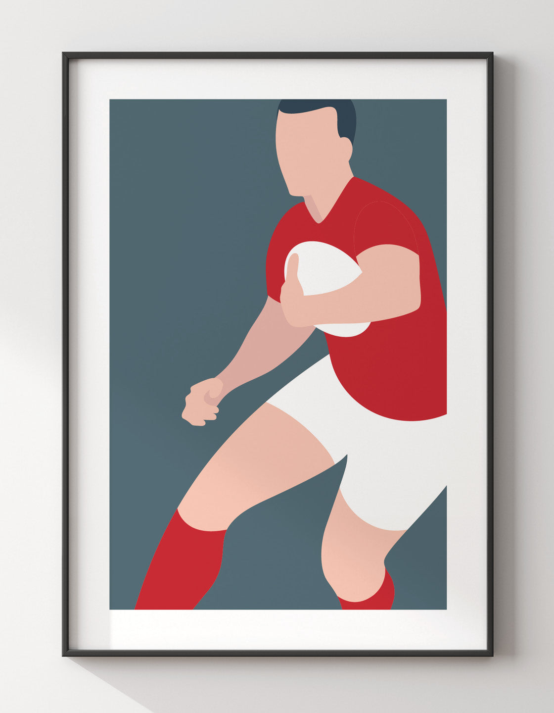 Modern minimal art print featuring a rugby player in action, showcasing sleek lines and vibrant colors.