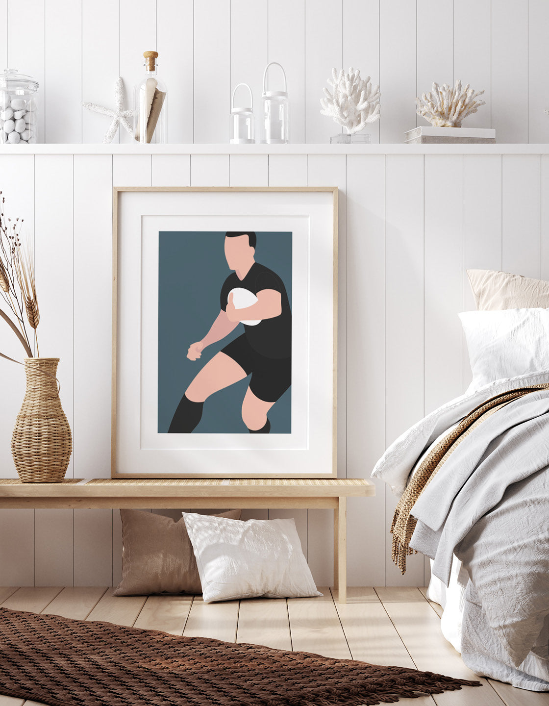 Modern minimal art print featuring a rugby player in action, showcasing sleek lines and vibrant colors.