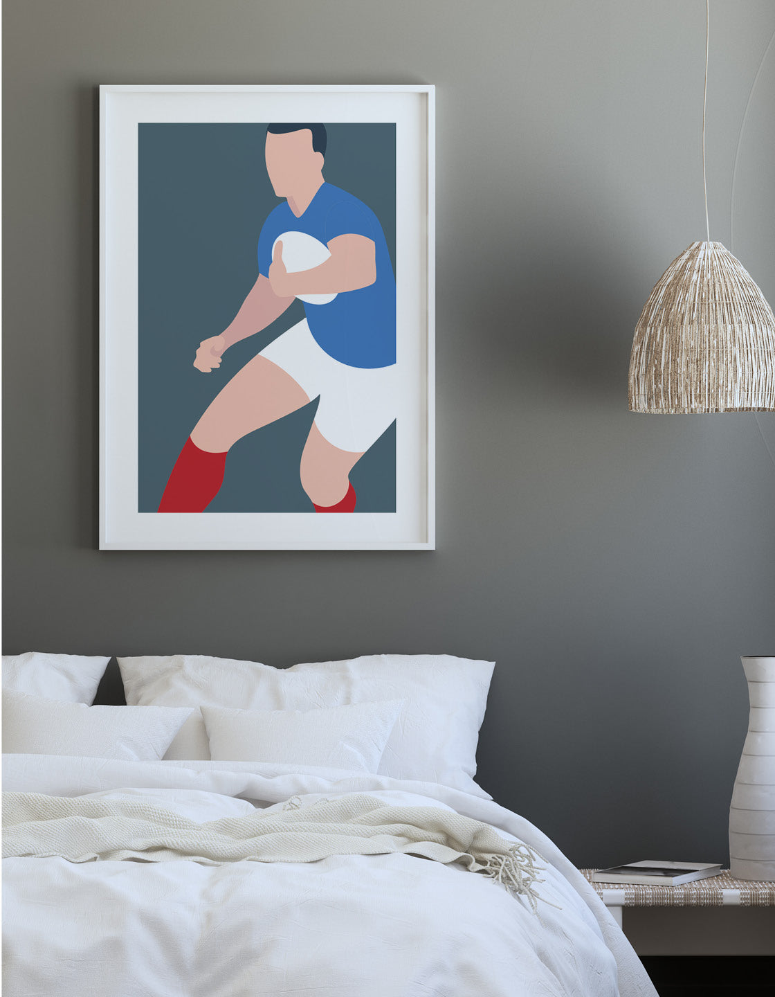 Modern minimal art print featuring a rugby player in action, showcasing sleek lines and vibrant colors.