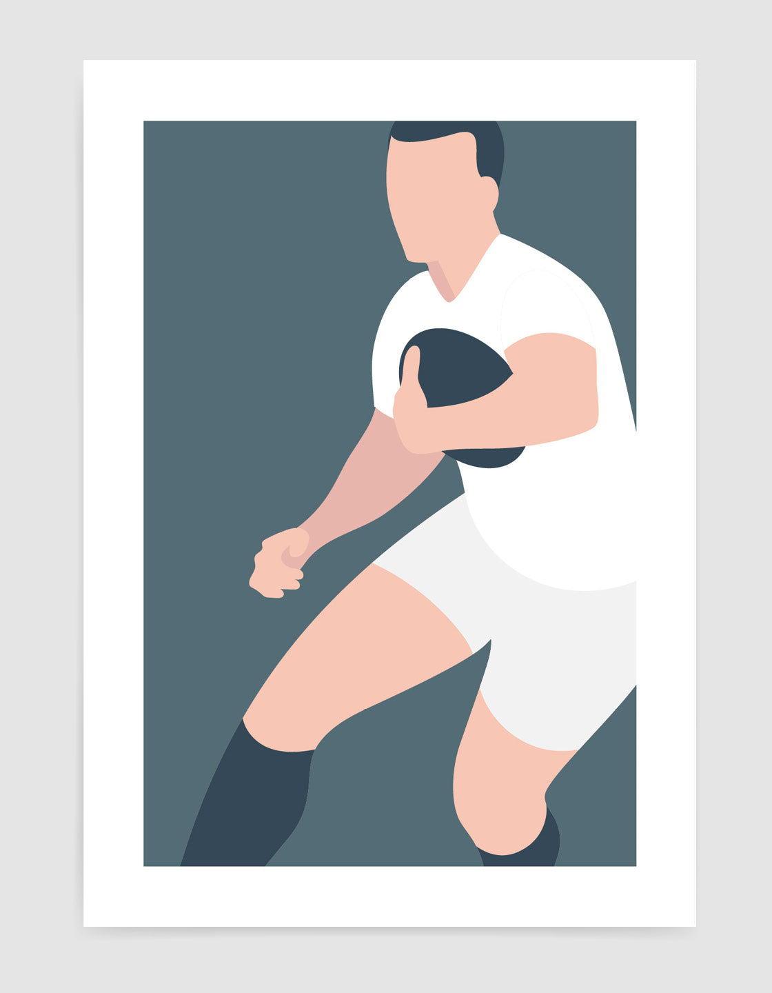 Modern minimal art print featuring a rugby player in action, showcasing sleek lines and vibrant colors.