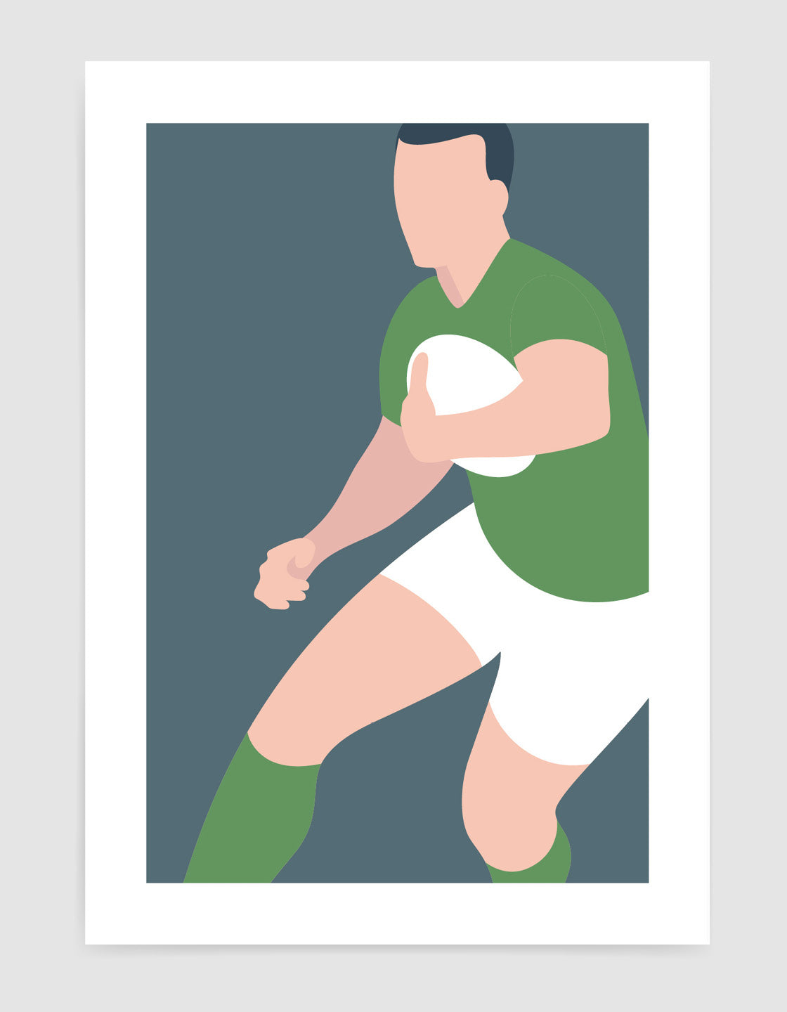 Modern minimal art print featuring a rugby player in action, showcasing sleek lines and vibrant colors.