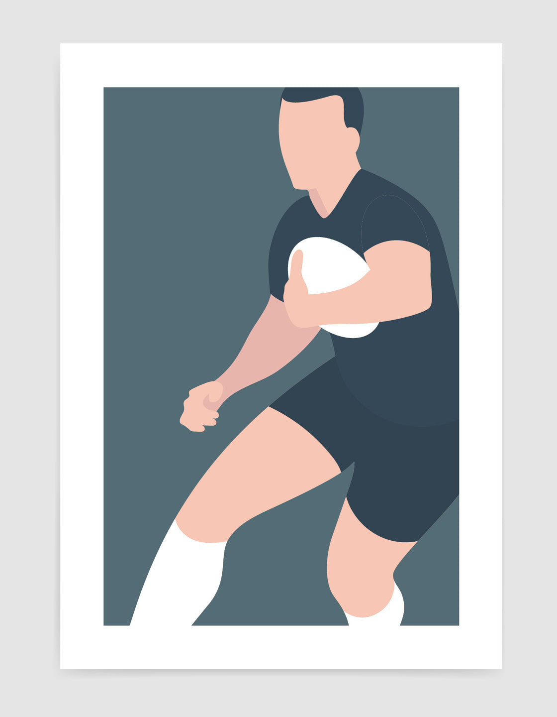 Modern minimal art print featuring a rugby player in action, showcasing sleek lines and vibrant colors.