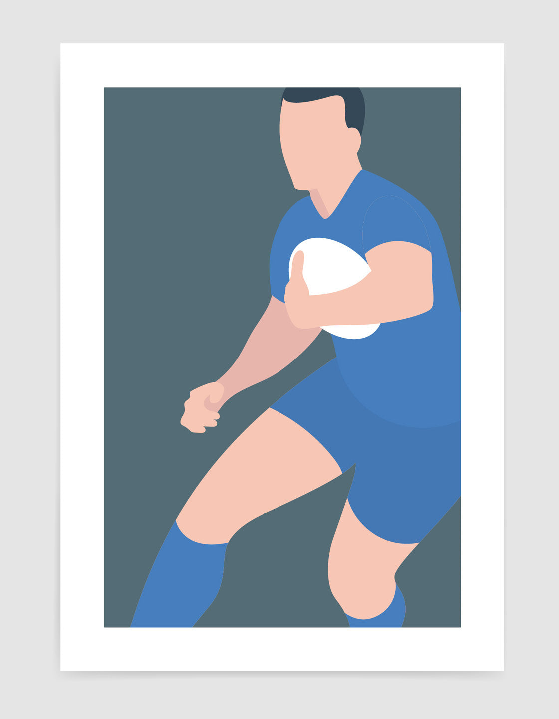 Modern minimal art print featuring a rugby player in action, showcasing sleek lines and vibrant colors.