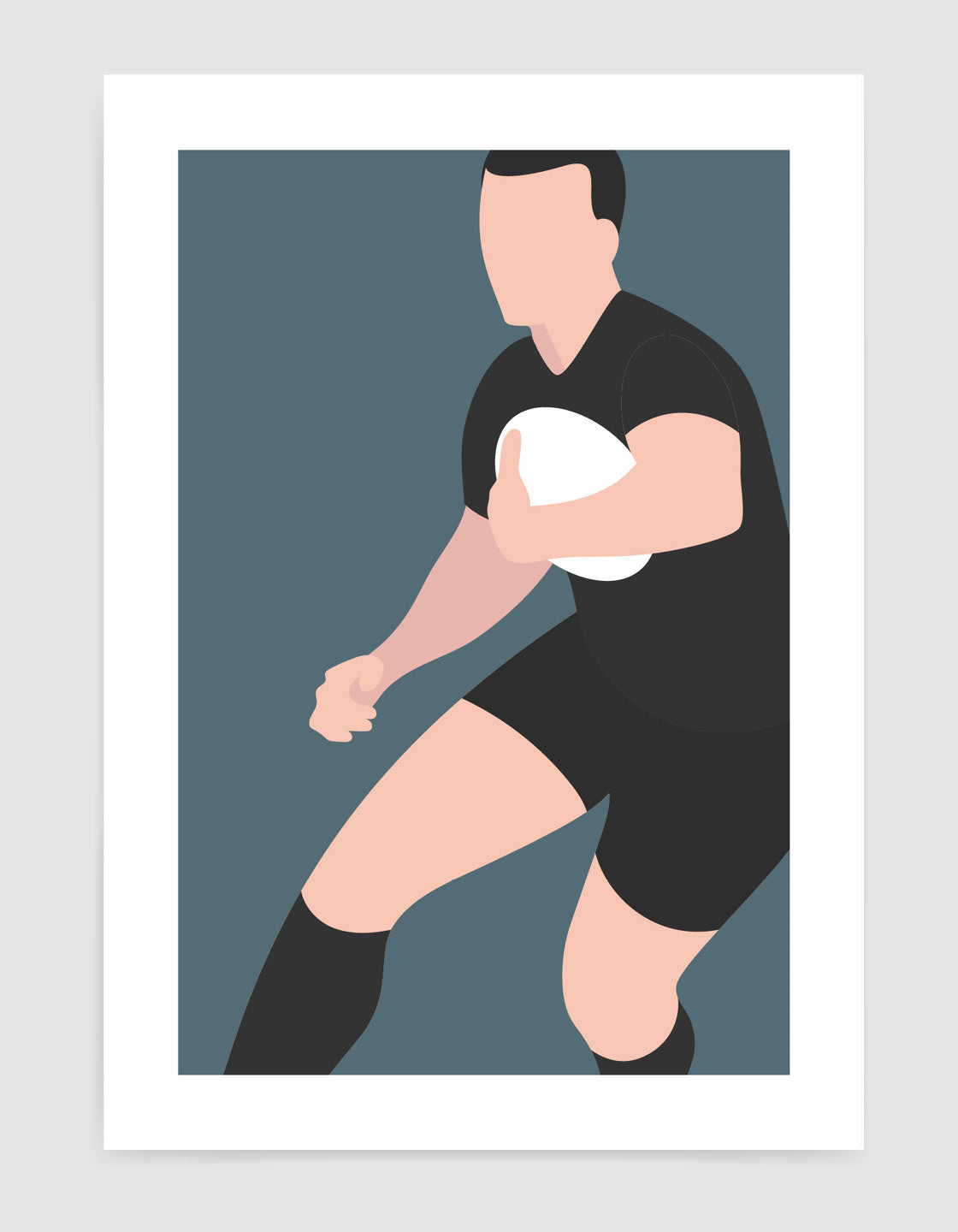 Modern minimal art print featuring a rugby player in action, showcasing sleek lines and vibrant colors.