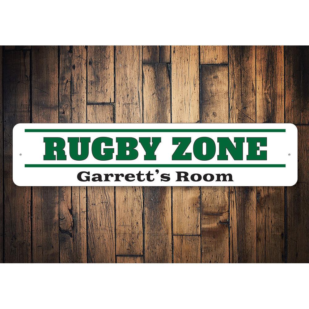 Rugby Zone Sign made of high-quality aluminum, featuring vibrant colors and customizable text, perfect for kids' rooms and sports enthusiasts.