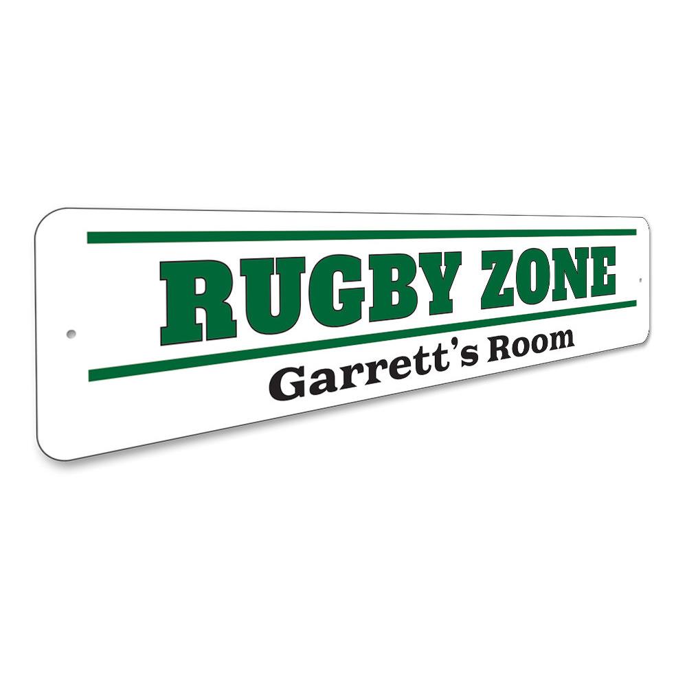 Rugby Zone Sign made of high-quality aluminum, featuring vibrant colors and customizable text, perfect for kids' rooms and sports enthusiasts.