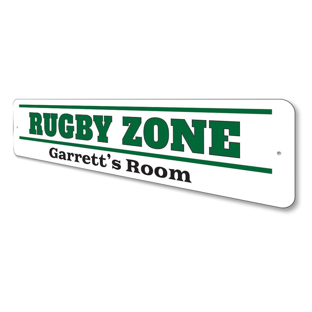 Rugby Zone Sign made of high-quality aluminum, featuring vibrant colors and customizable text, perfect for kids' rooms and sports enthusiasts.