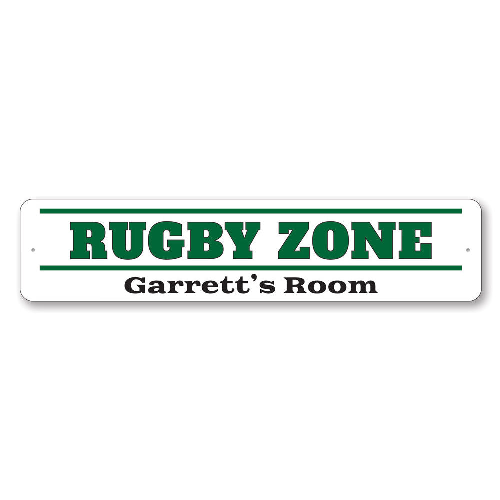 Rugby Zone Sign made of high-quality aluminum, featuring vibrant colors and customizable text, perfect for kids' rooms and sports enthusiasts.