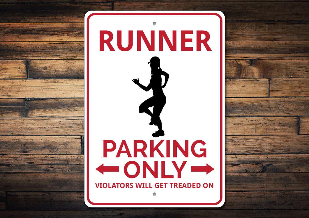 A vibrant Runner Parking Sign made of aluminum, featuring customizable text and pre-drilled holes for easy mounting, showcasing various vehicle designs.