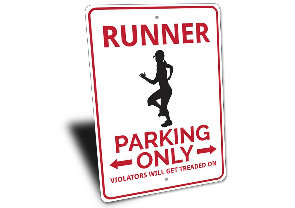 A vibrant Runner Parking Sign made of aluminum, featuring customizable text and pre-drilled holes for easy mounting, showcasing various vehicle designs.