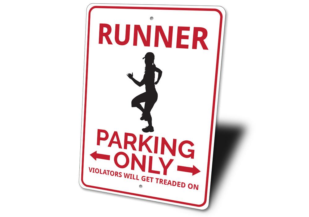 A vibrant Runner Parking Sign made of aluminum, featuring customizable text and pre-drilled holes for easy mounting, showcasing various vehicle designs.