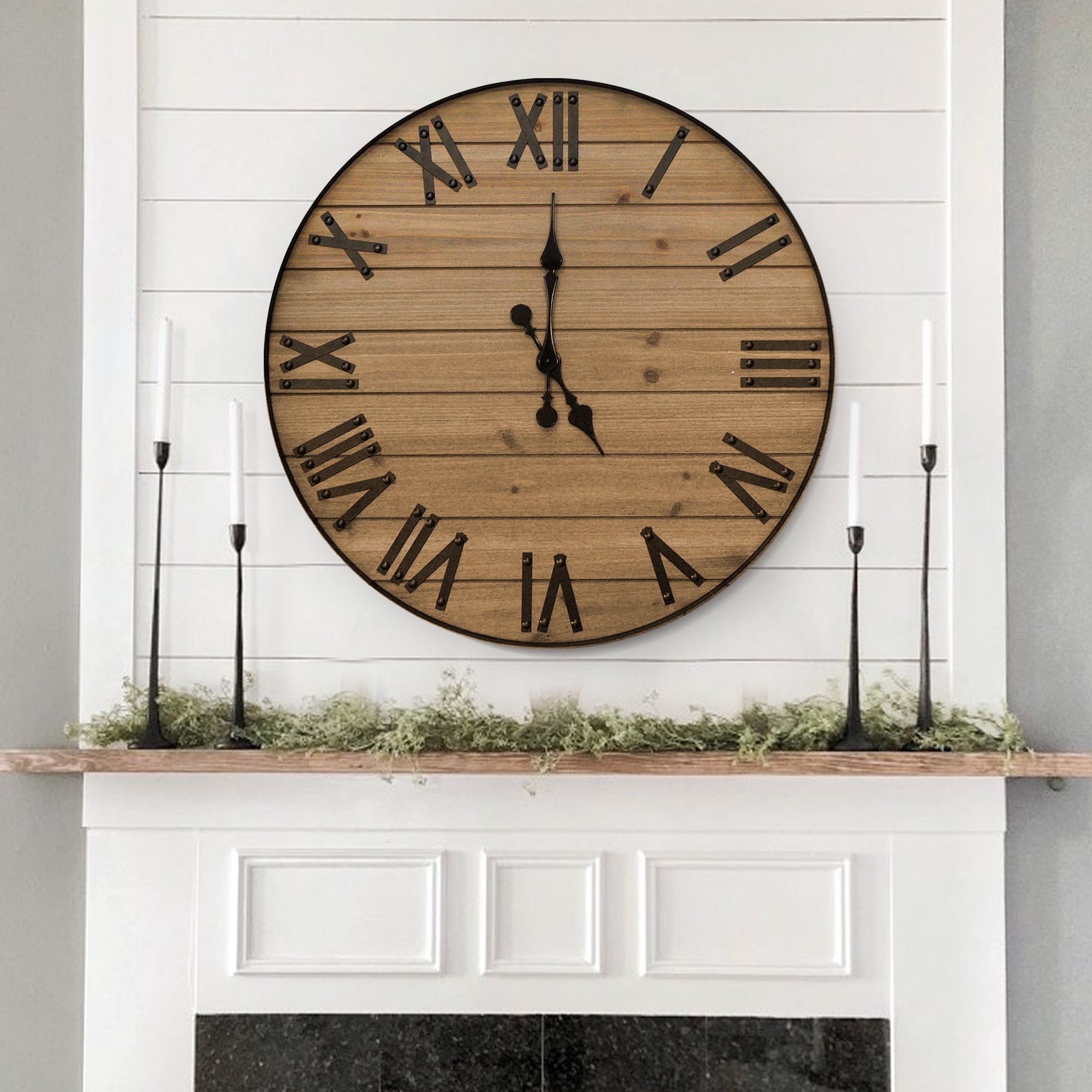 A beautifully crafted 24-inch Rustic Wall Clock made from reclaimed cedar wood, featuring cast iron numbers and hands, perfect for farmhouse decor.