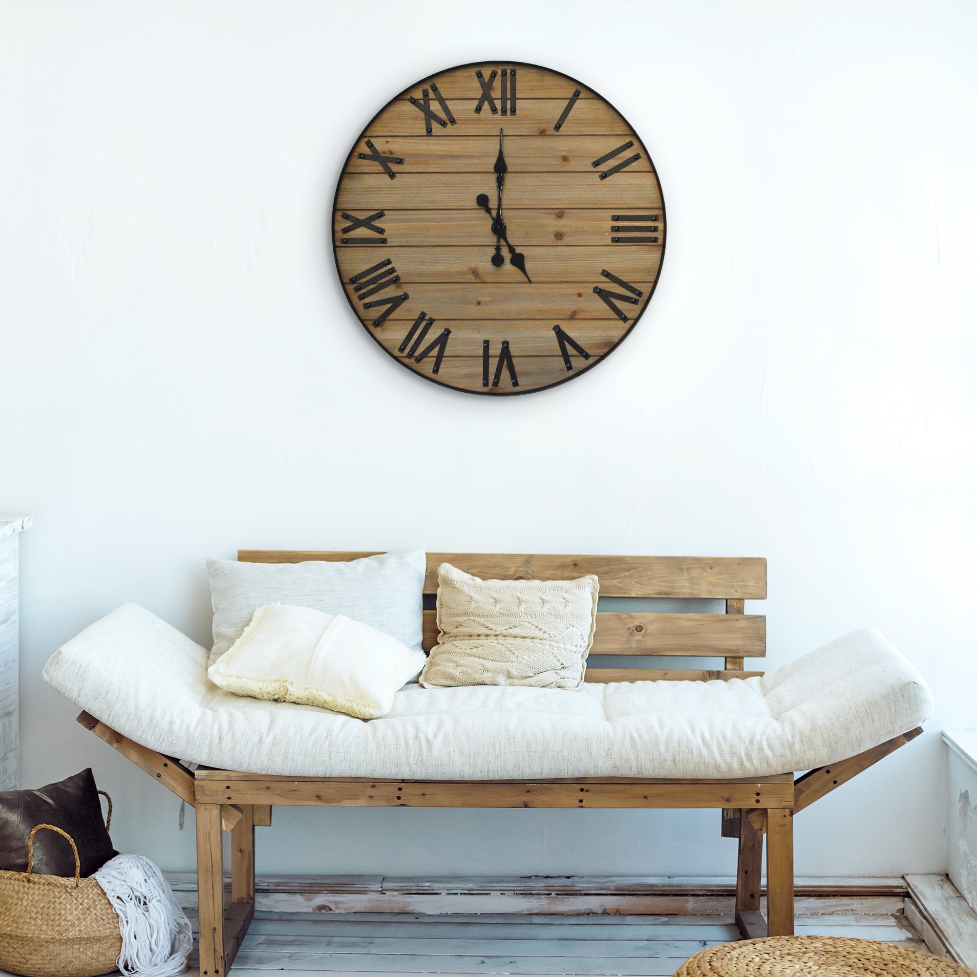 A beautifully crafted 24-inch Rustic Wall Clock made from reclaimed cedar wood, featuring cast iron numbers and hands, perfect for farmhouse decor.