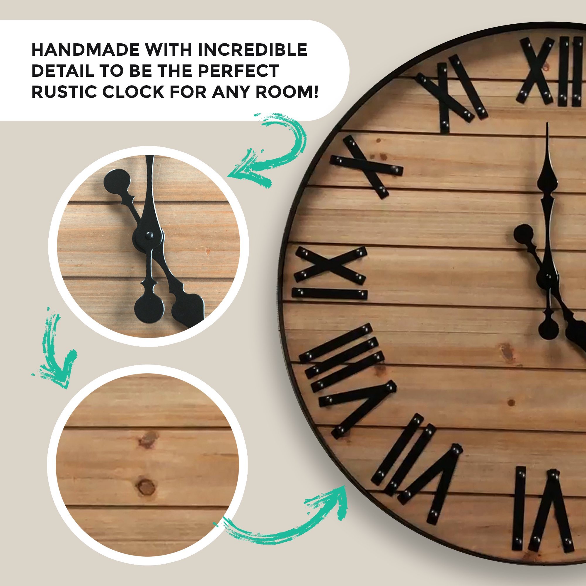 A beautifully crafted 24-inch Rustic Wall Clock made from reclaimed cedar wood, featuring cast iron numbers and hands, perfect for farmhouse decor.