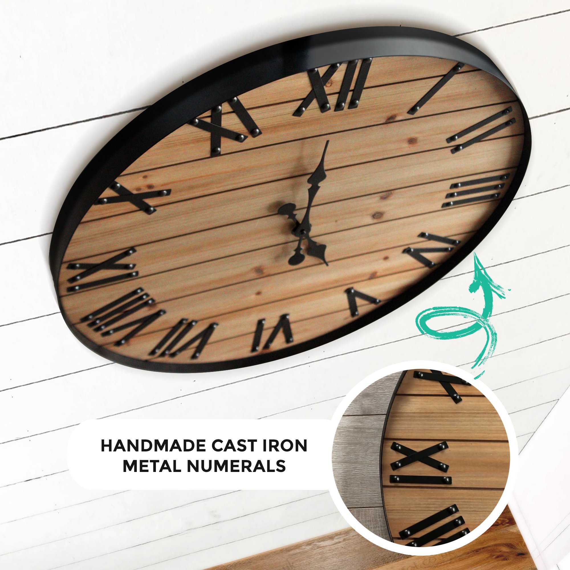 A beautifully crafted 24-inch Rustic Wall Clock made from reclaimed cedar wood, featuring cast iron numbers and hands, perfect for farmhouse decor.