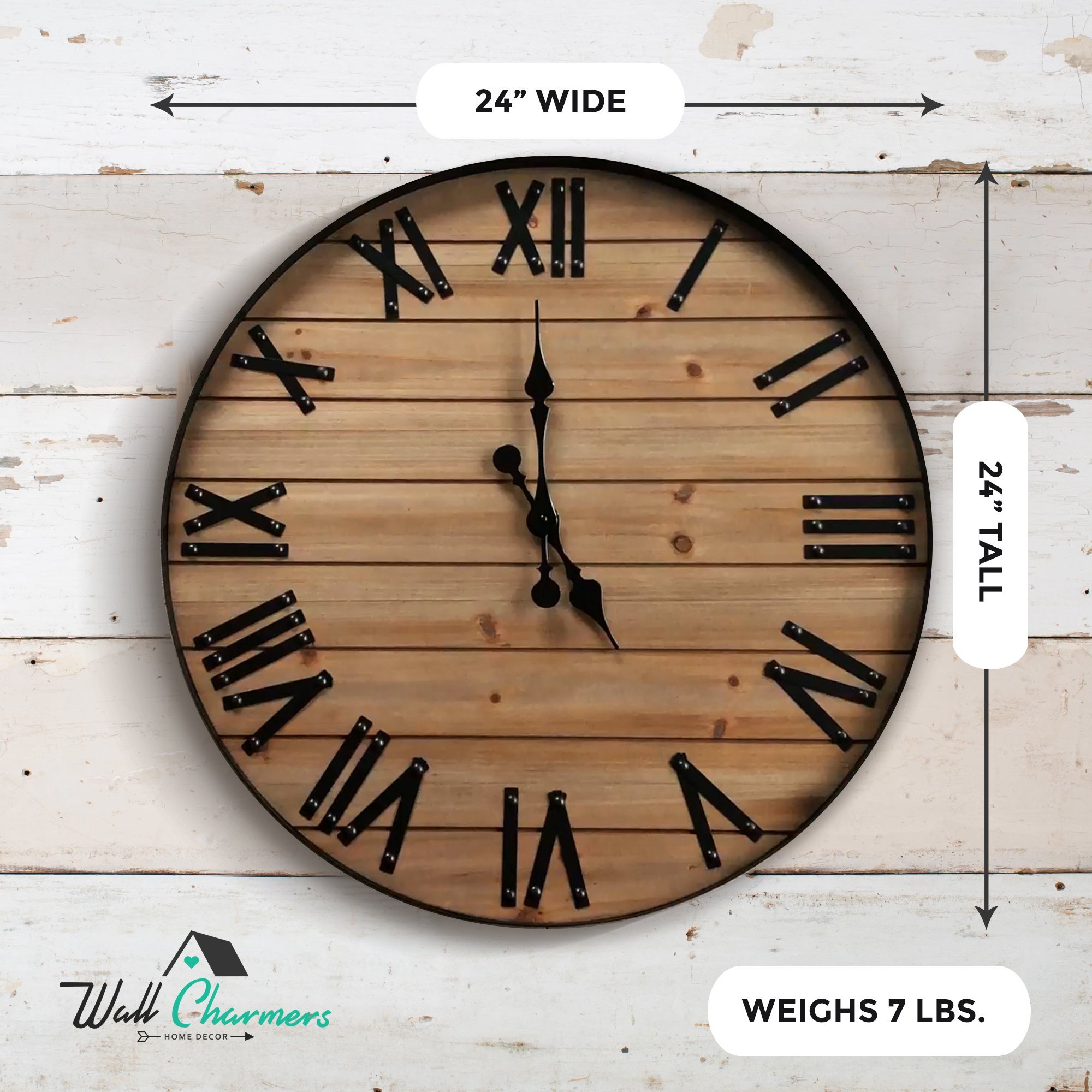 A beautifully crafted 24-inch Rustic Wall Clock made from reclaimed cedar wood, featuring cast iron numbers and hands, perfect for farmhouse decor.