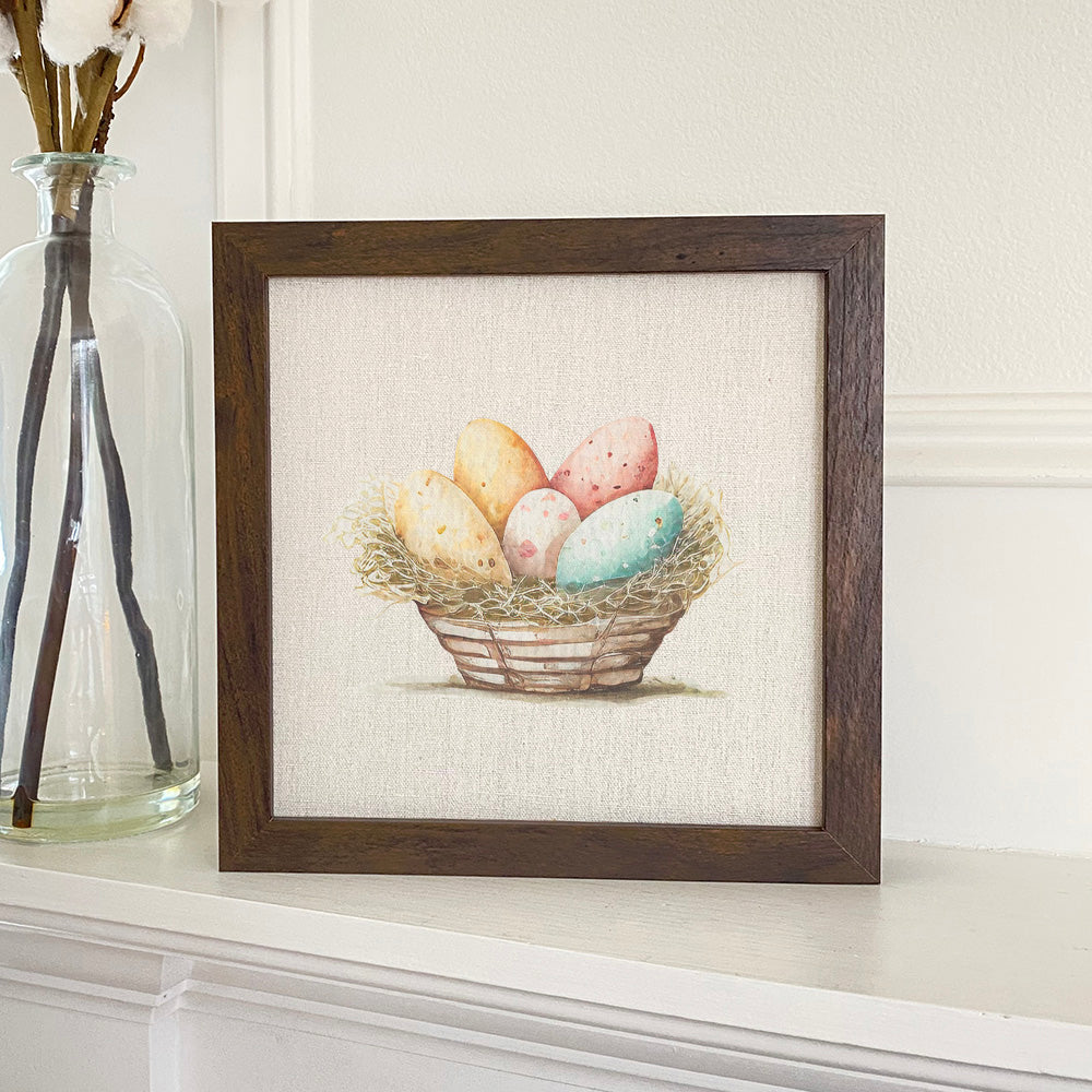 Rustic Egg Basket framed sign with a wood frame, eco-friendly printing, and a linen-look background, available in walnut or white-washed finish.