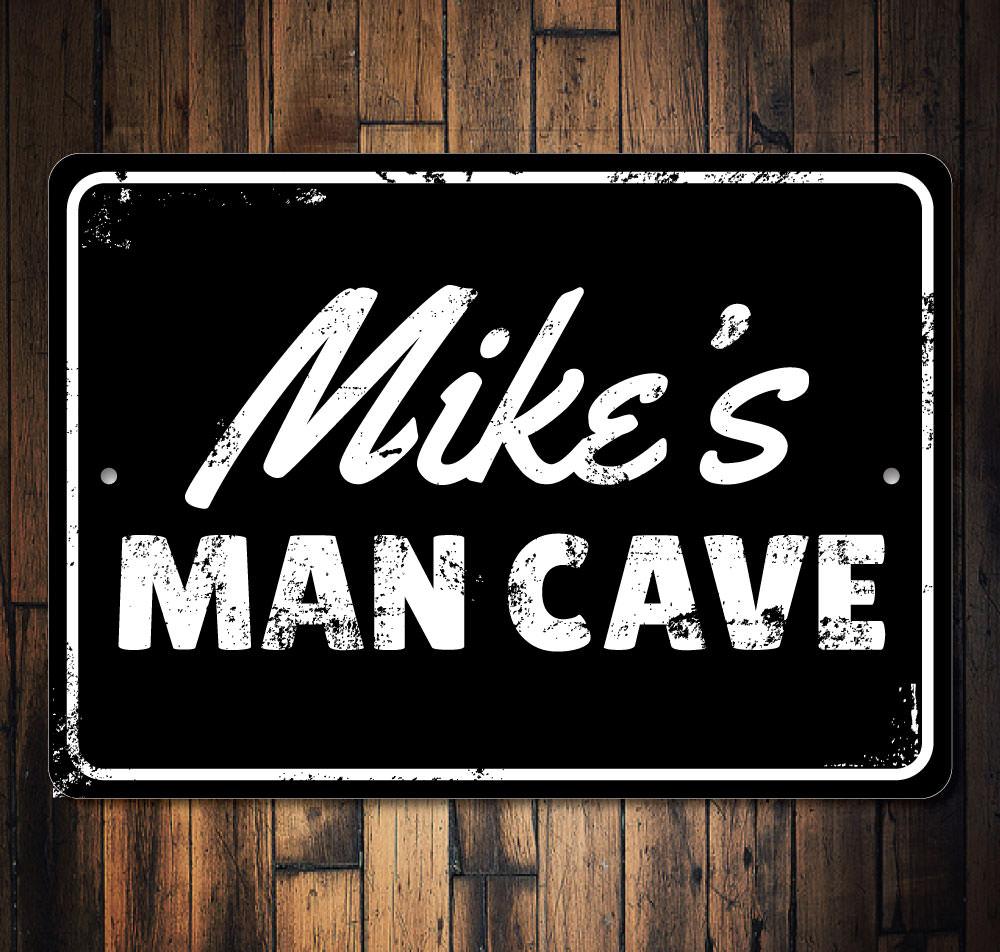 Rustic Man Cave Sign made of high-quality aluminum, featuring customizable text and pre-drilled holes for easy mounting.