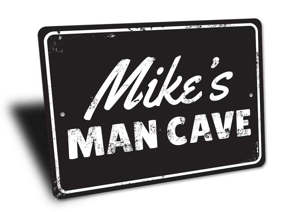 Rustic Man Cave Sign made of high-quality aluminum, featuring customizable text and pre-drilled holes for easy mounting.