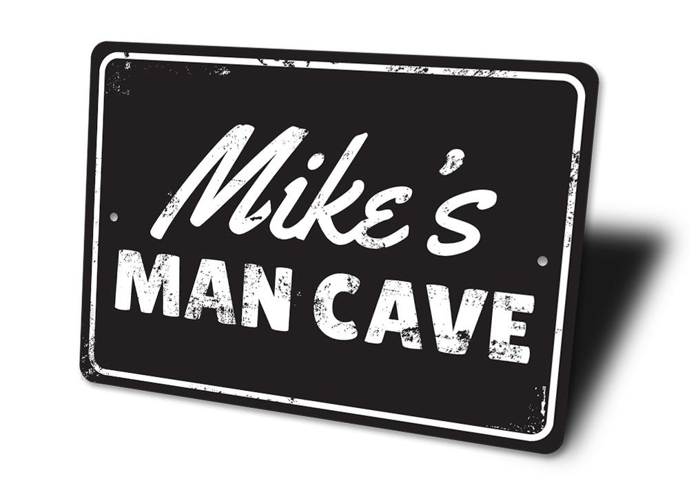 Rustic Man Cave Sign made of high-quality aluminum, featuring customizable text and pre-drilled holes for easy mounting.