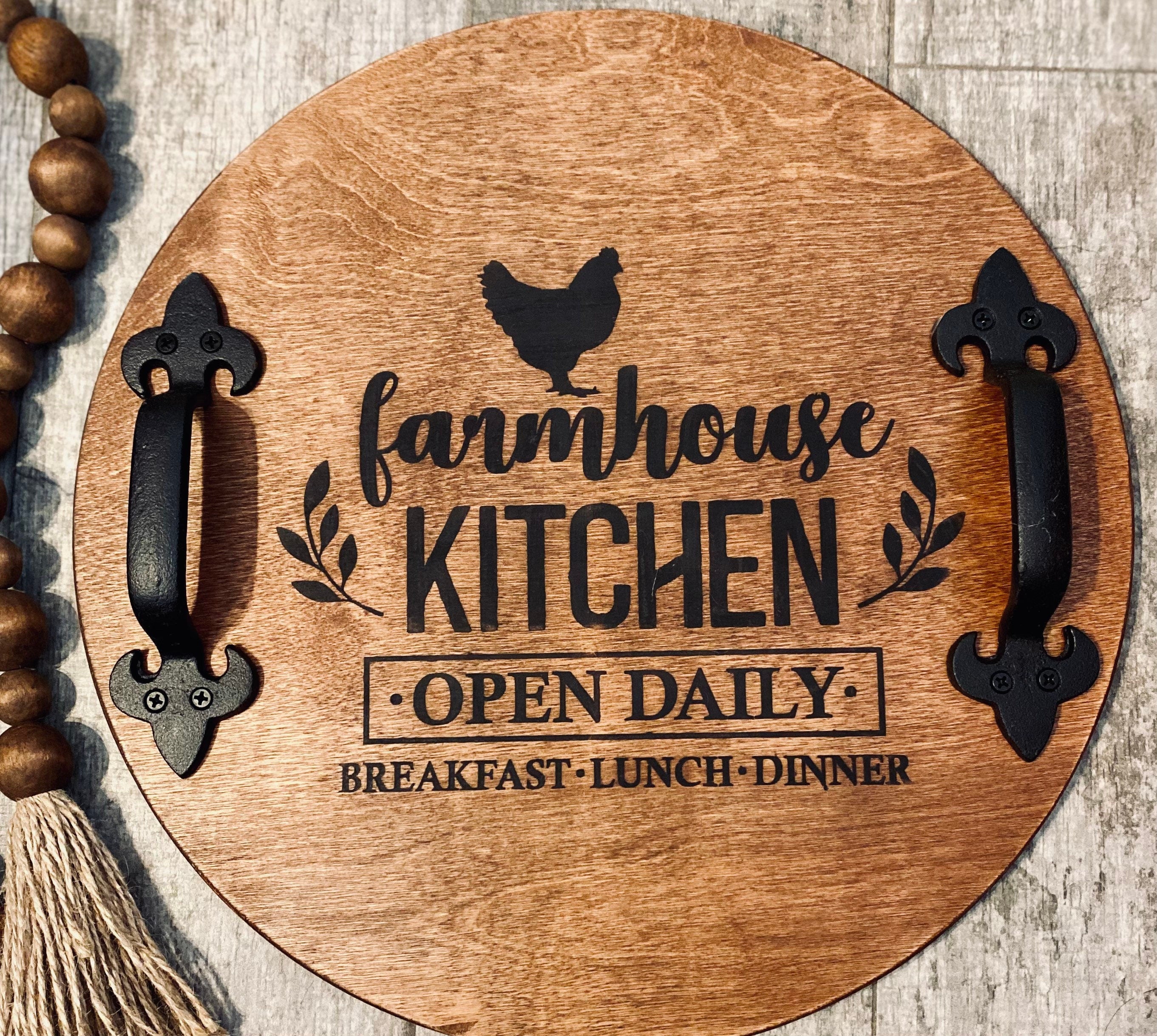 Rustic round wood tray with handles, featuring a charming rooster design, stained in English Chestnut color.