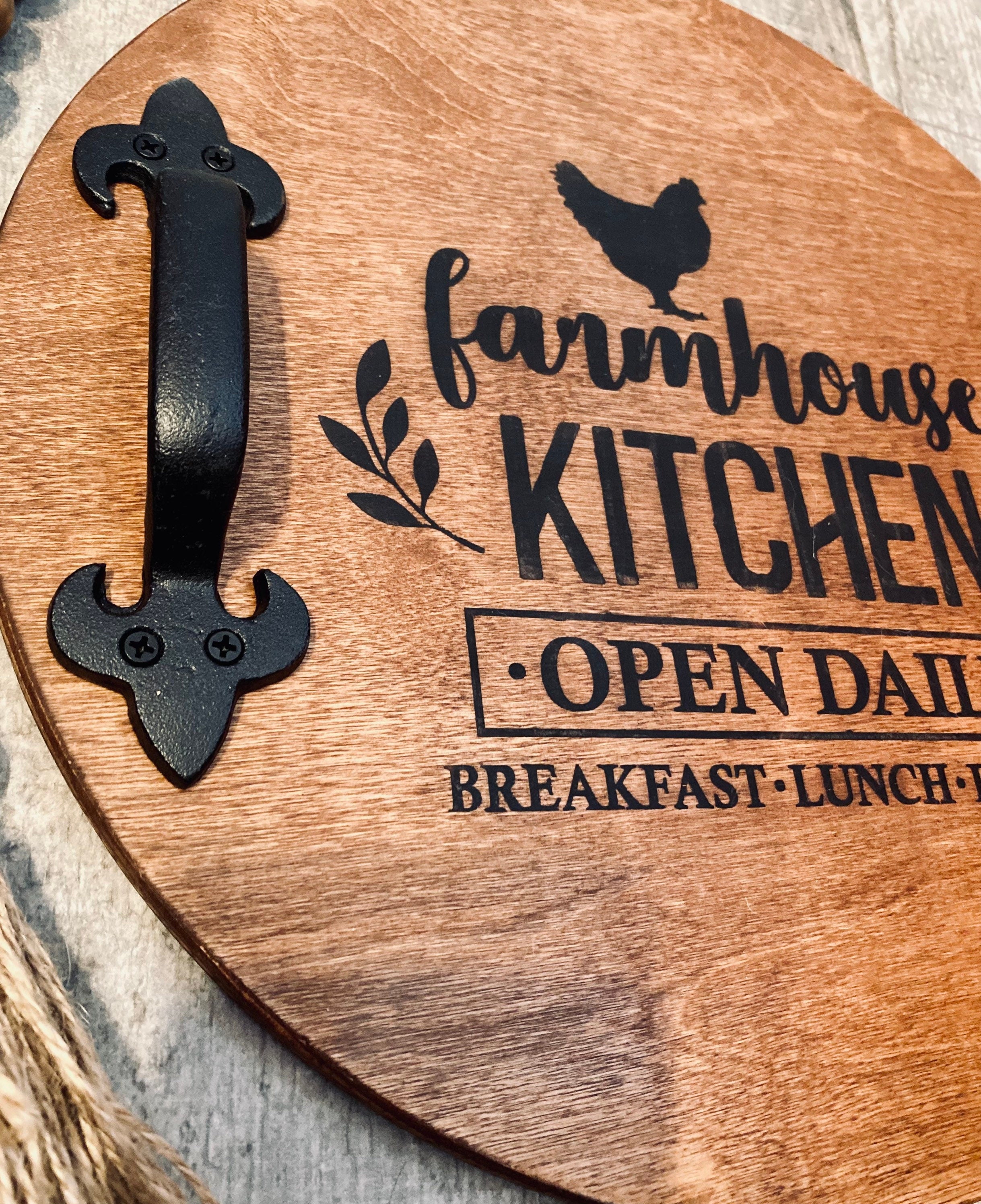 Rustic round wood tray with handles, featuring a charming rooster design, stained in English Chestnut color.