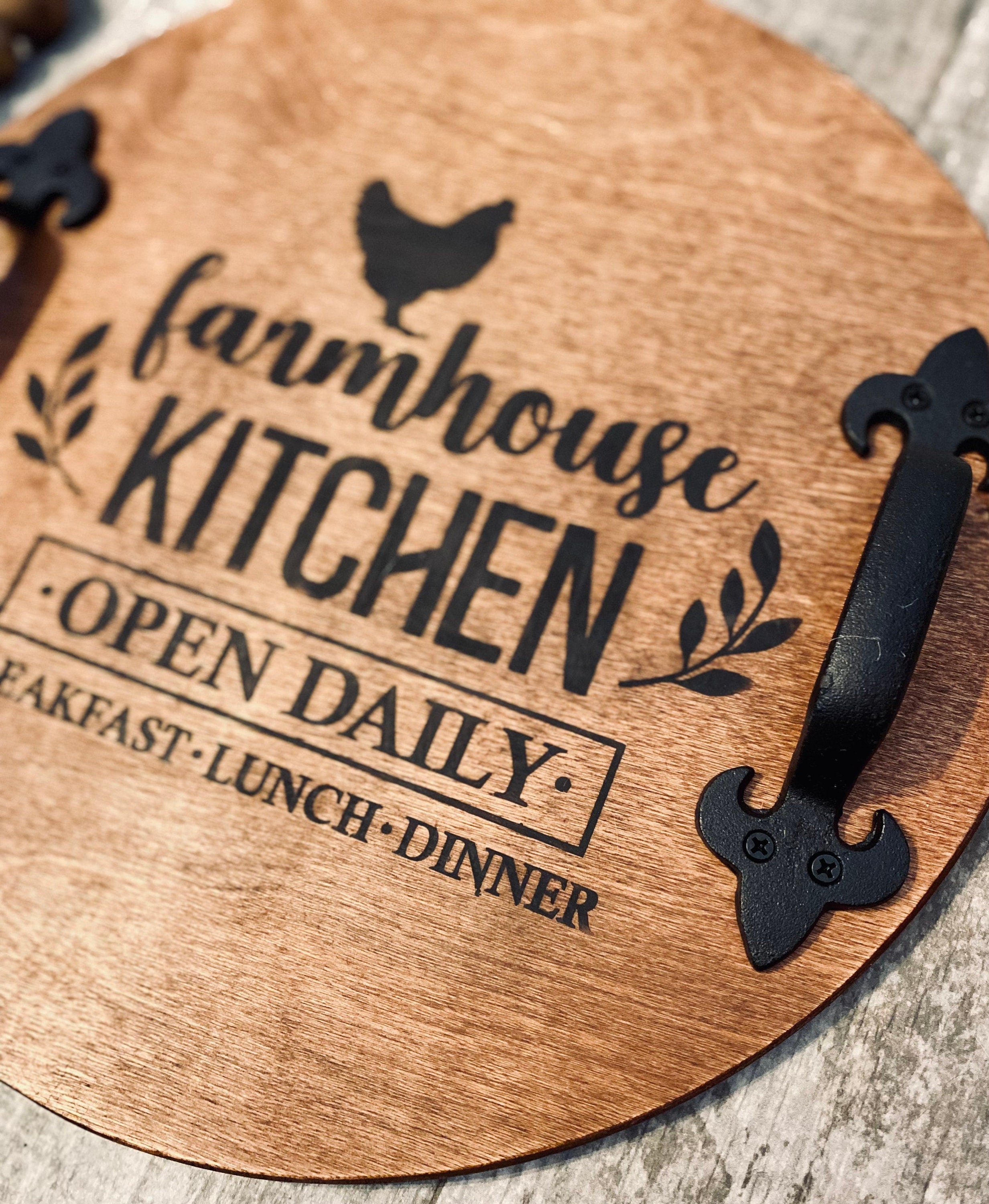 Rustic round wood tray with handles, featuring a charming rooster design, stained in English Chestnut color.