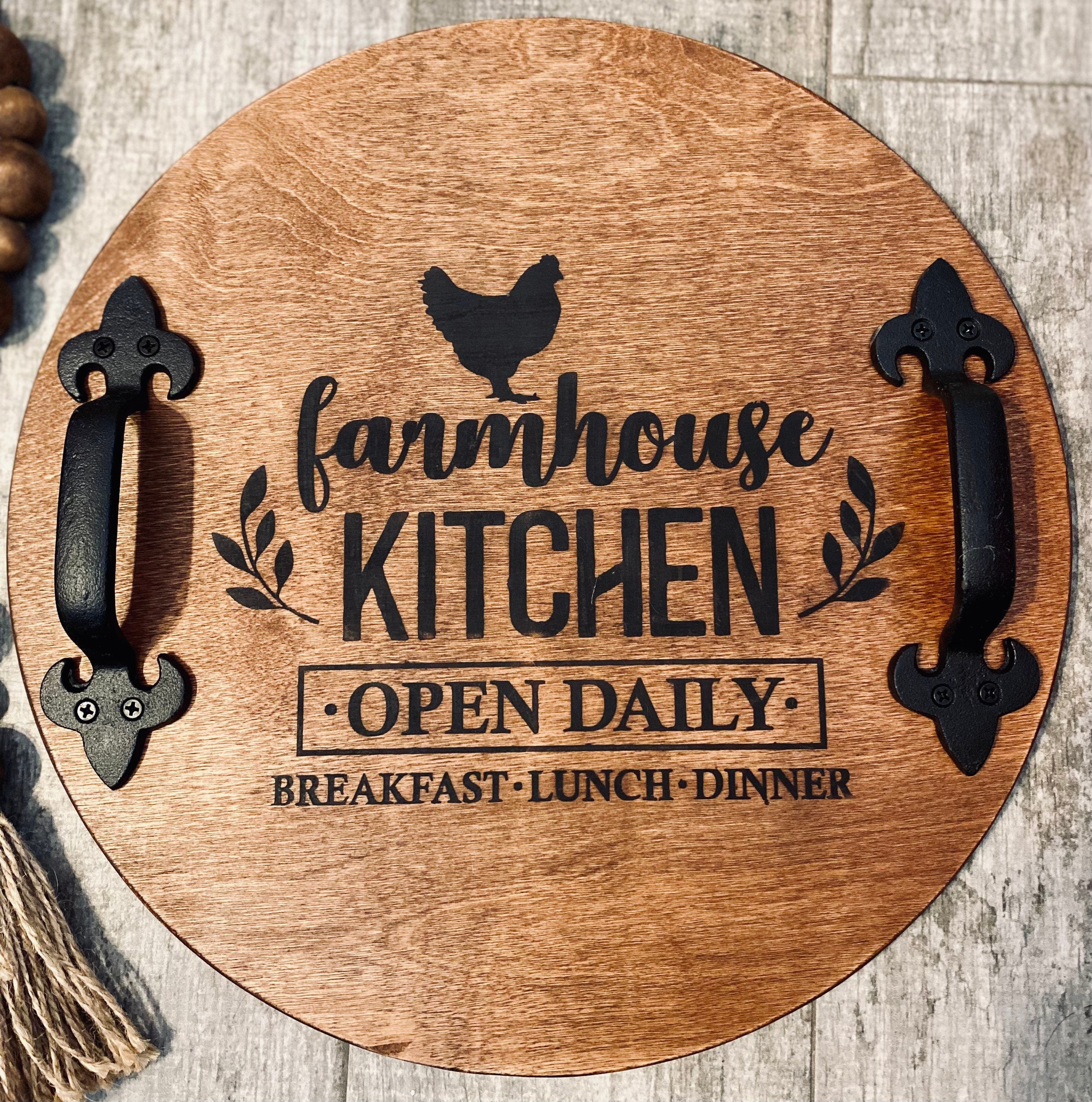 Rustic round wood tray with handles, featuring a charming rooster design, stained in English Chestnut color.