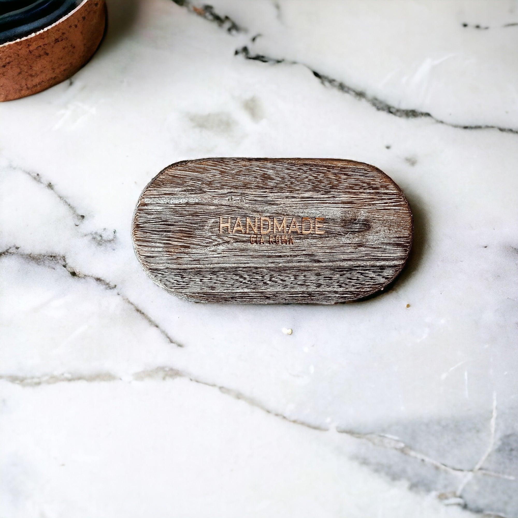 A rustic wood tray made from Paulownia wood, featuring white distressed details, ideal for home decor and organization.