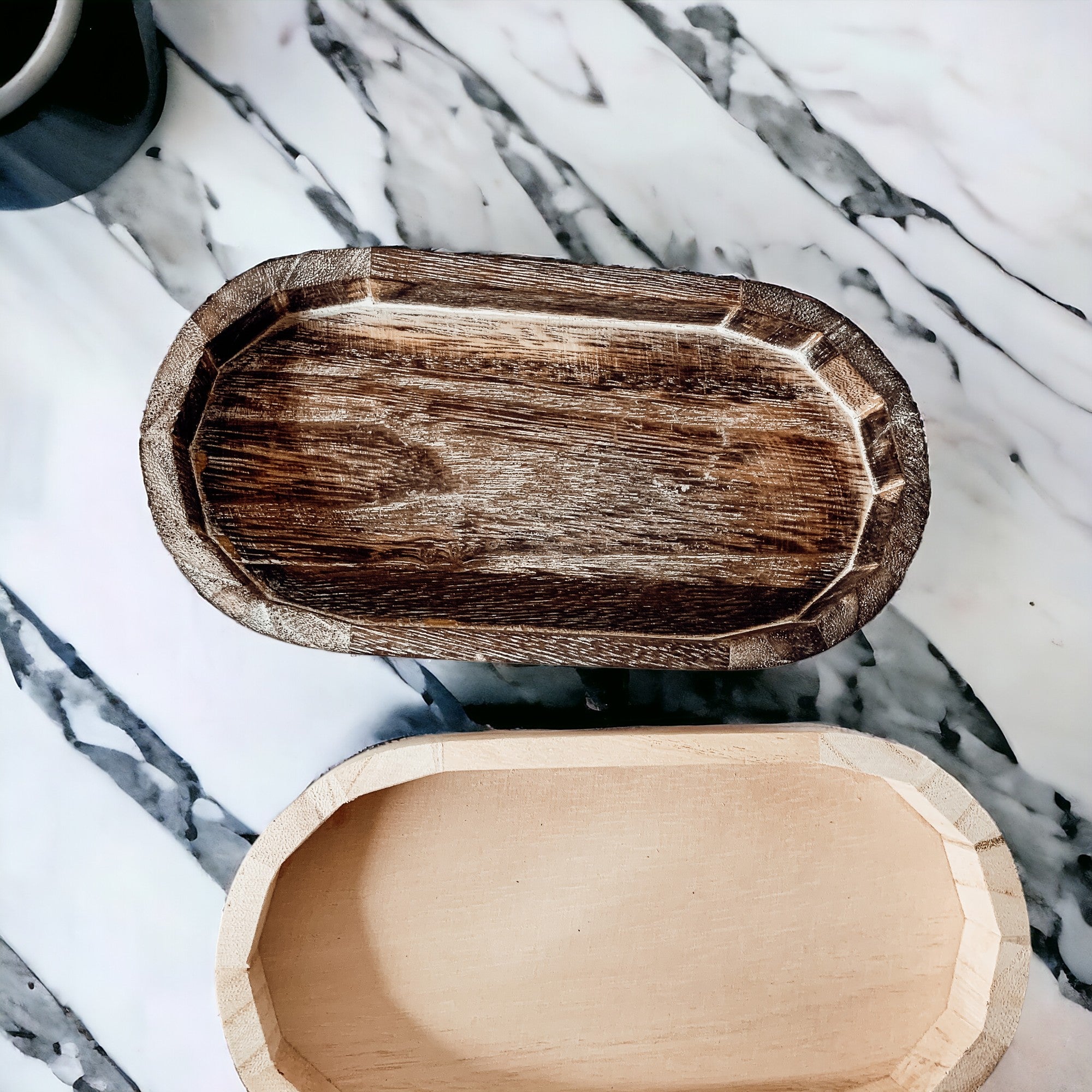 A rustic wood tray made from Paulownia wood, featuring white distressed details, ideal for home decor and organization.