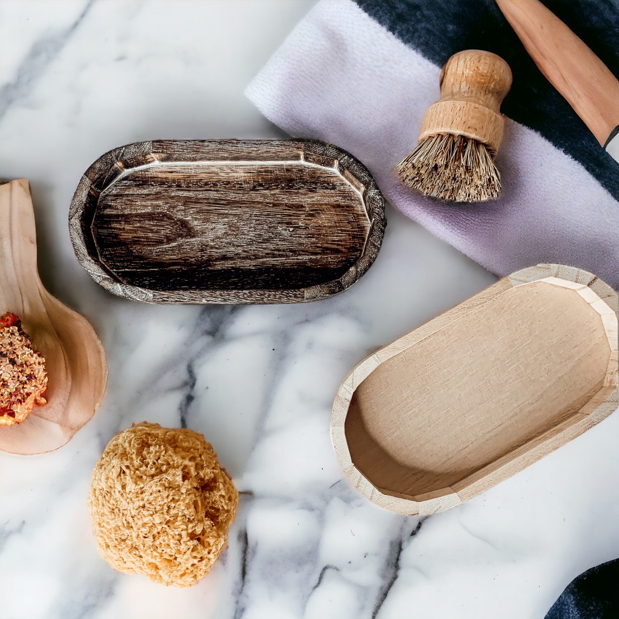 A rustic wood tray made from Paulownia wood, featuring white distressed details, ideal for home decor and organization.