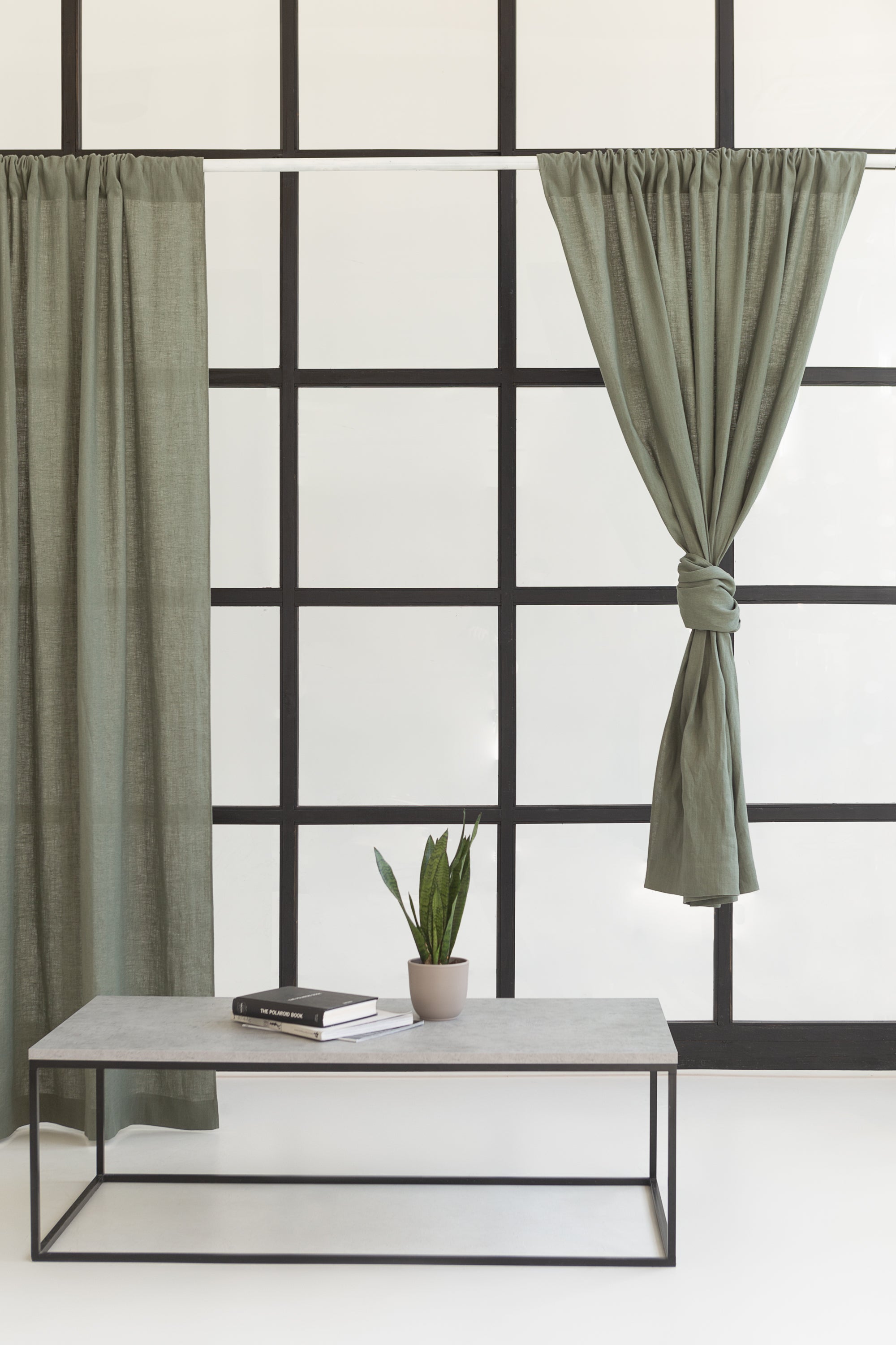 Safari Green linen curtain with rod pocket, showcasing its semi-sheer texture and elegant design.