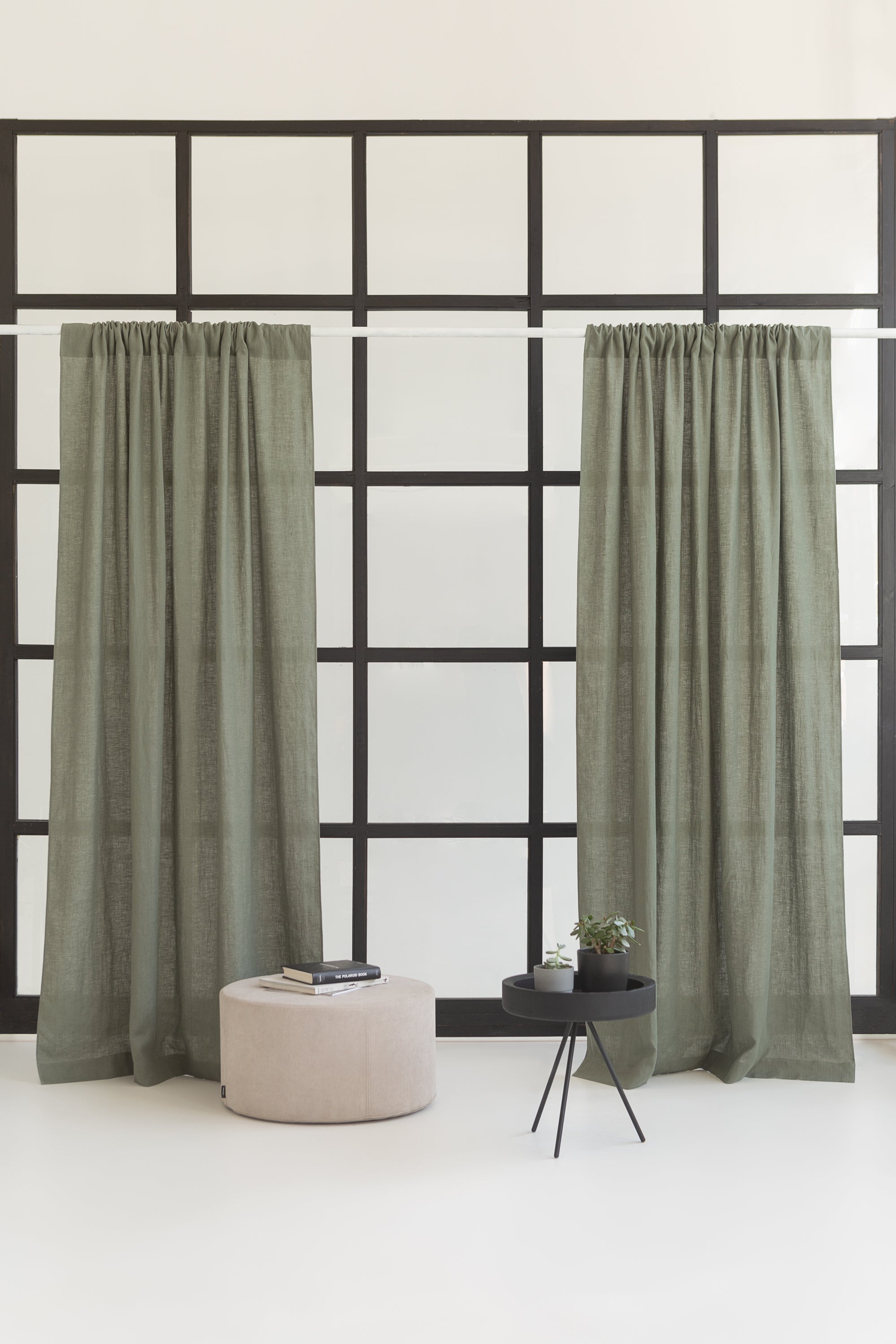 Safari Green linen curtain with rod pocket, showcasing its semi-sheer texture and elegant design.