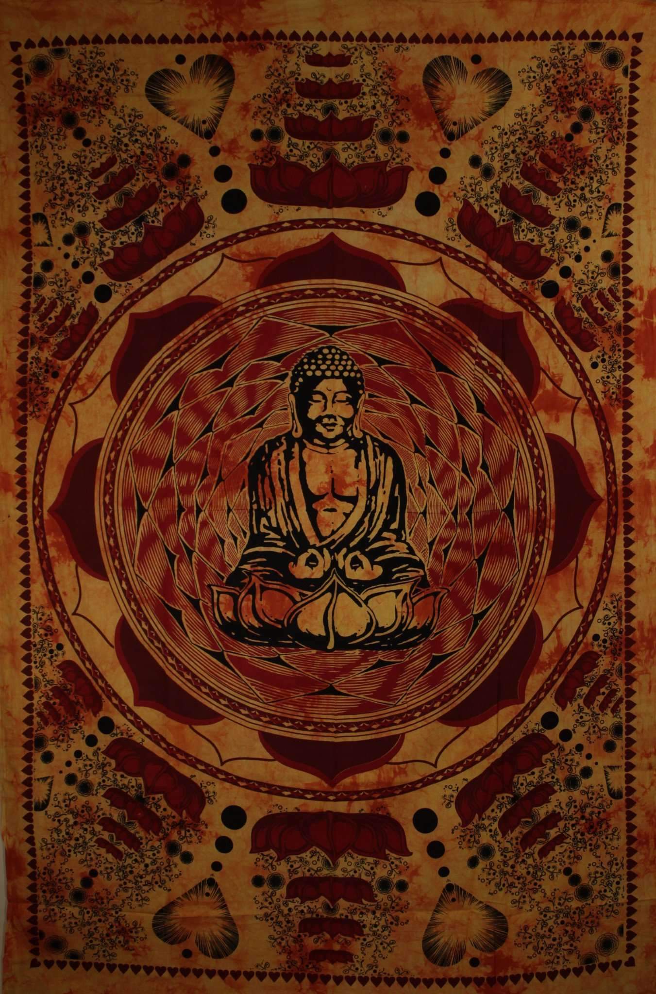 Saffron Buddha tapestry featuring Dharma Chakra Mudra on a lotus flower, showcasing intricate details and vibrant colors.