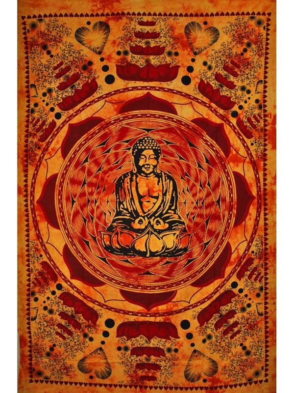 Saffron Buddha tapestry featuring Dharma Chakra Mudra on a lotus flower, showcasing intricate details and vibrant colors.