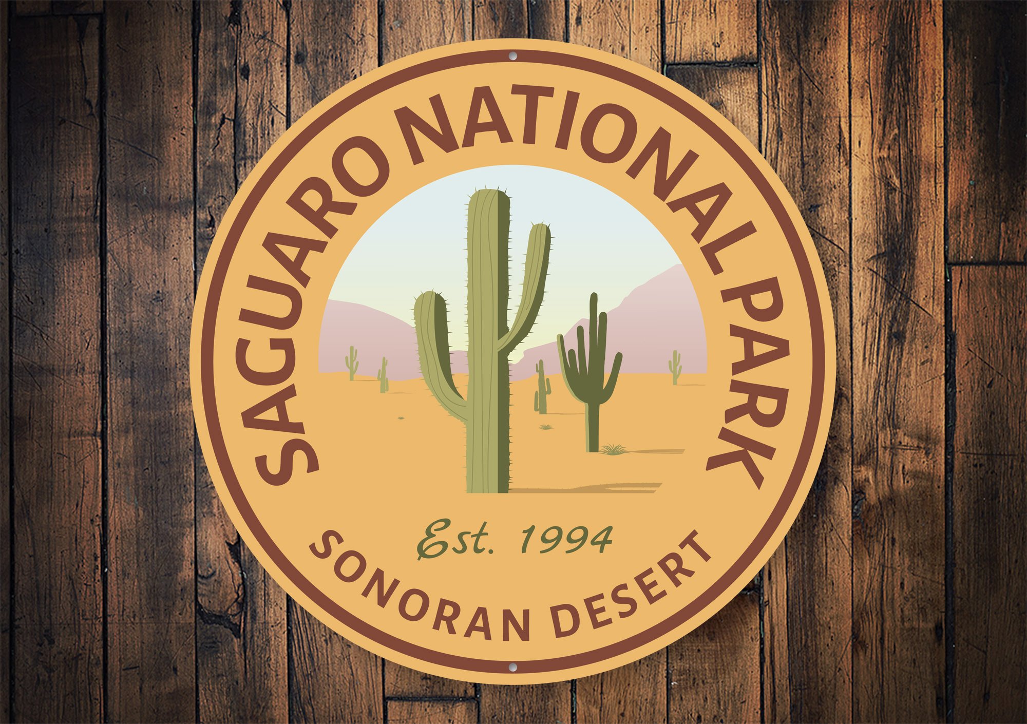 A beautifully crafted Saguaro Sign made of high-quality aluminum, featuring customizable text and pre-drilled holes for easy mounting.