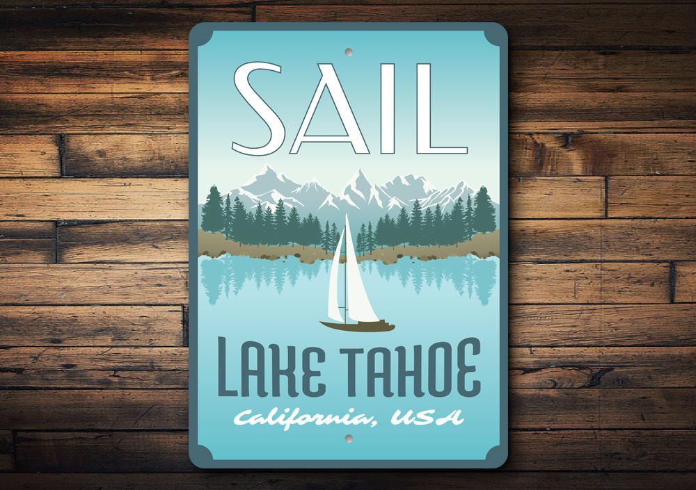 Customizable Sail Lake Tahoe sign made of high-quality aluminum, perfect for lakehouse decor.