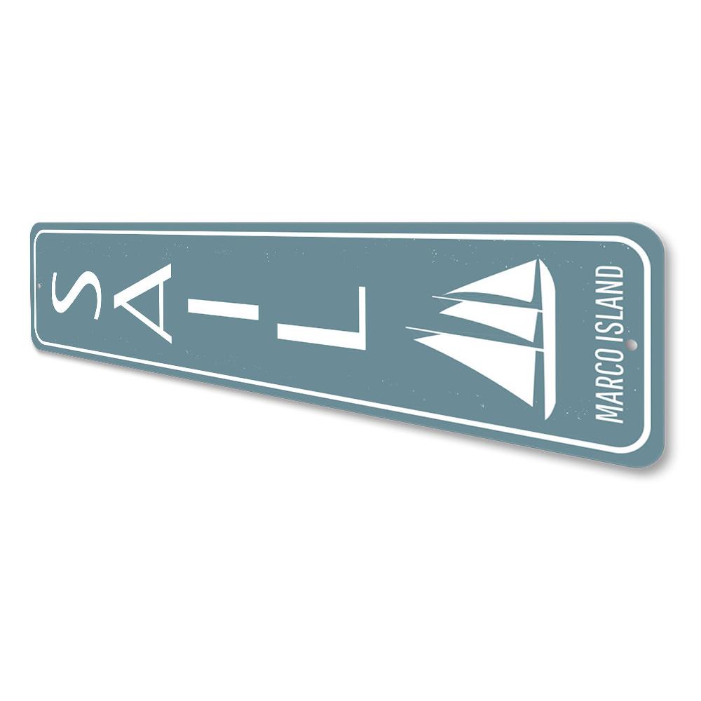 Sail Vertical Sign featuring beach-themed design, made from high-quality aluminum, ideal for coastal decor.