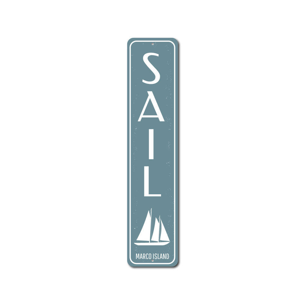 Sail Vertical Sign featuring beach-themed design, made from high-quality aluminum, ideal for coastal decor.