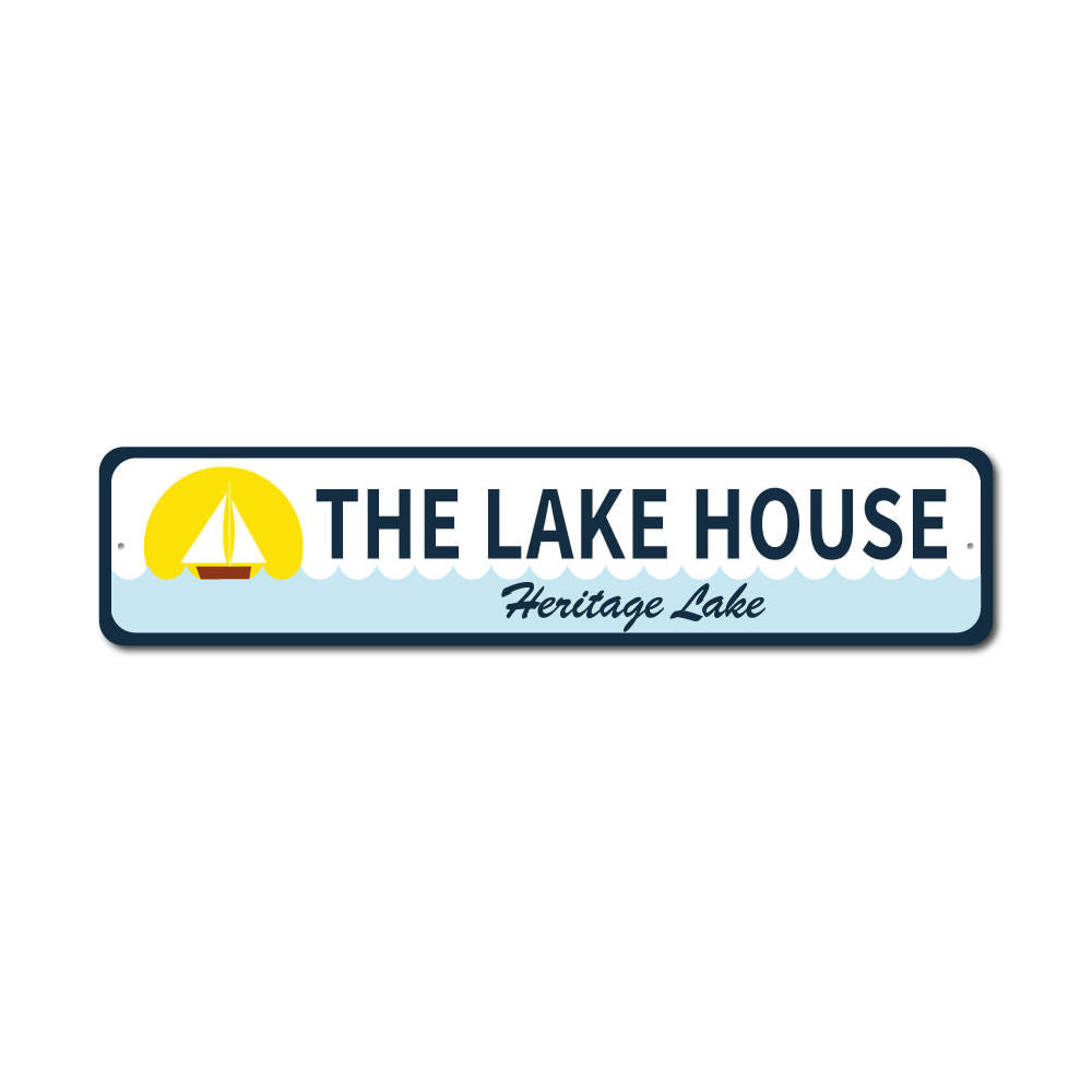 A beautifully crafted Sailboat Lake House Sign made from durable aluminum, featuring a sailboat design, perfect for lake house decor.