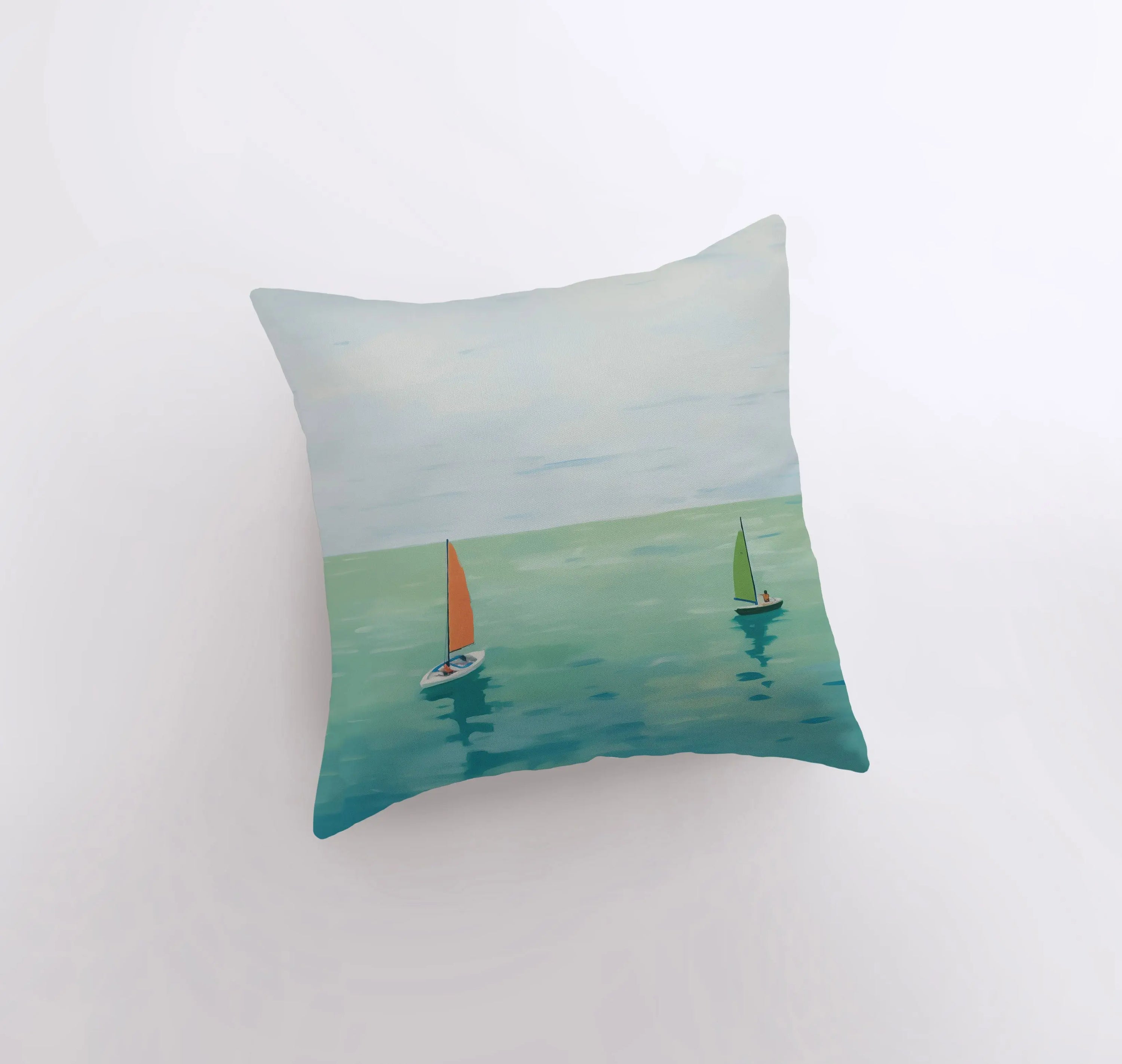 Sailboats on Blue Sea throw pillow featuring a vibrant gouache painting on a cotton/polyester blend fabric with a concealed zipper.