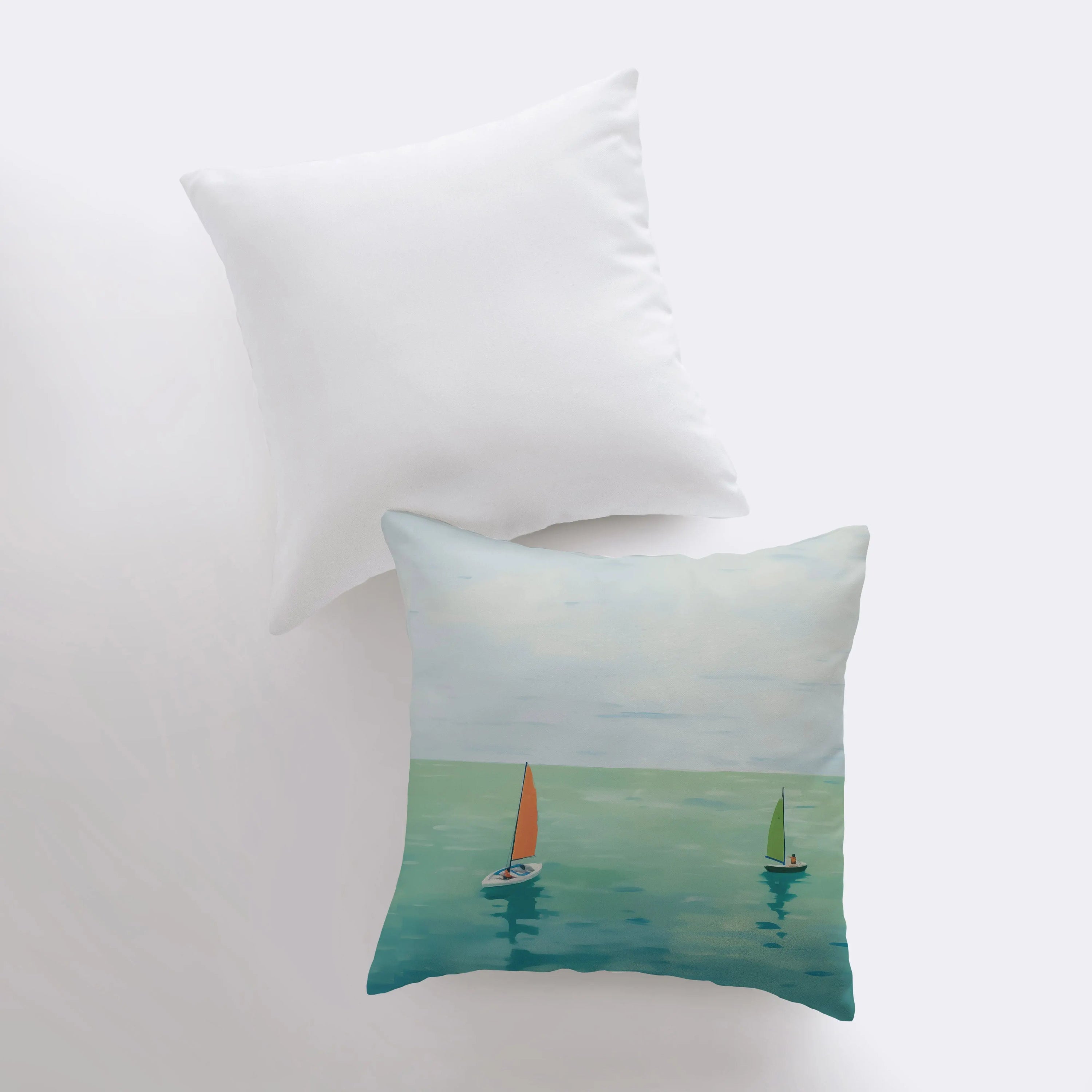 Sailboats on Blue Sea throw pillow featuring a vibrant gouache painting on a cotton/polyester blend fabric with a concealed zipper.